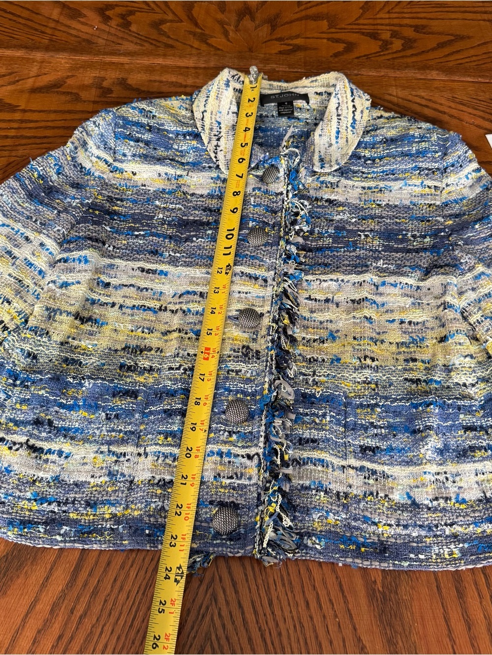 ST.JOHN Women's Tweed Blue Yellow White Gray Fringed Jacket Sz 12 - Picture 2 of 8